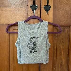 Cropped grey tank top with a black outlined snake